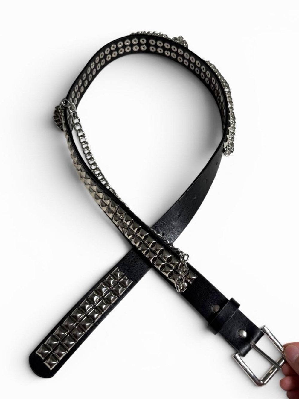Dolls Kill Bold Edge Black Faux Leather Silver Studded Belt with Chains